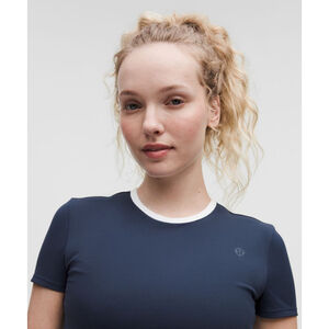 Lululemon Crop Top Tee Size L Navy Blue White Trim